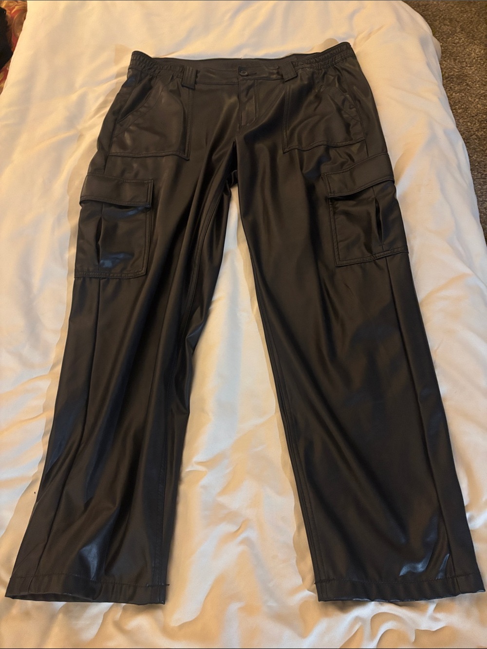 Womens Black Faux Leather Cargo Pants